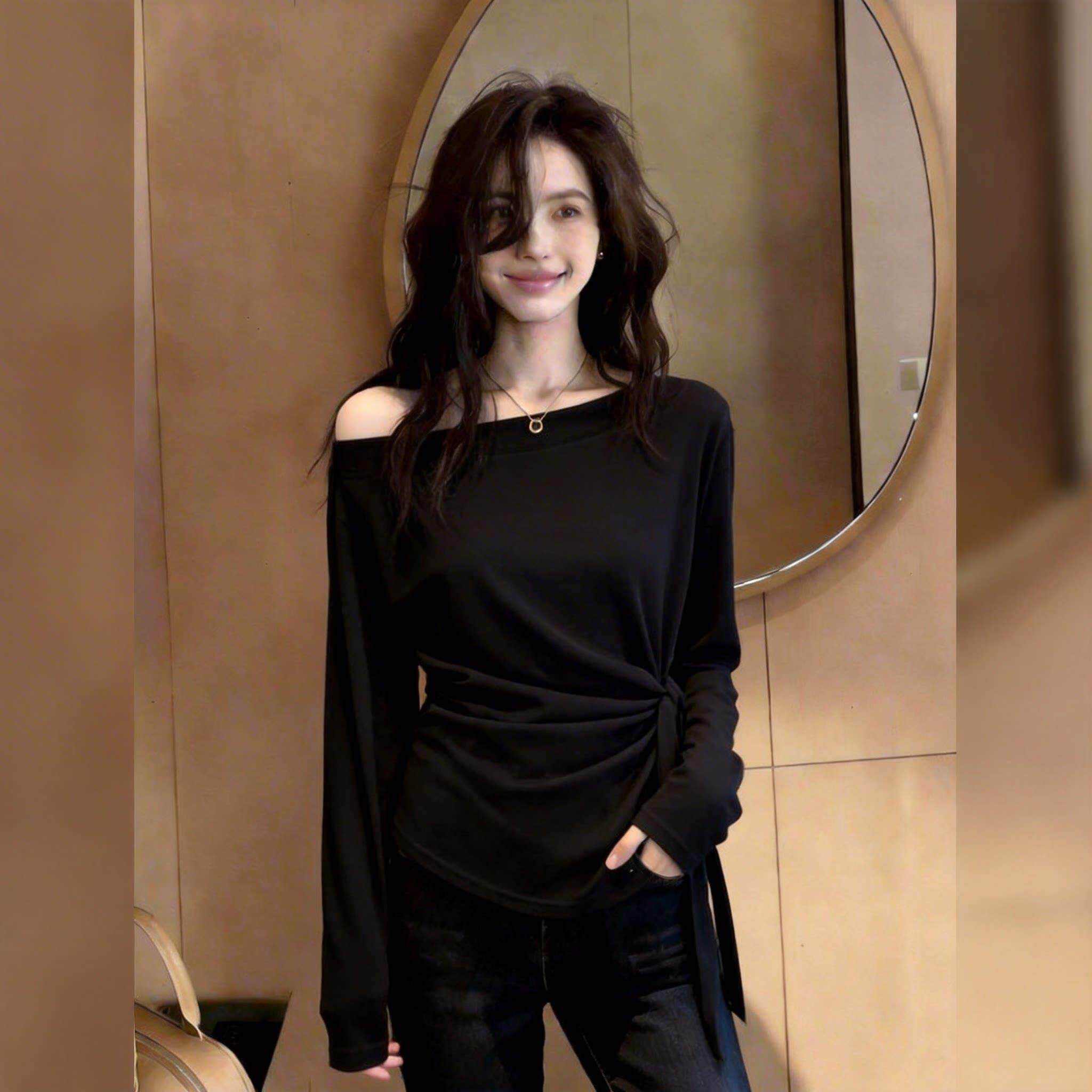韩版设计感一字领长袖T恤女2026春夏收腰系带修身显瘦可单穿上衣