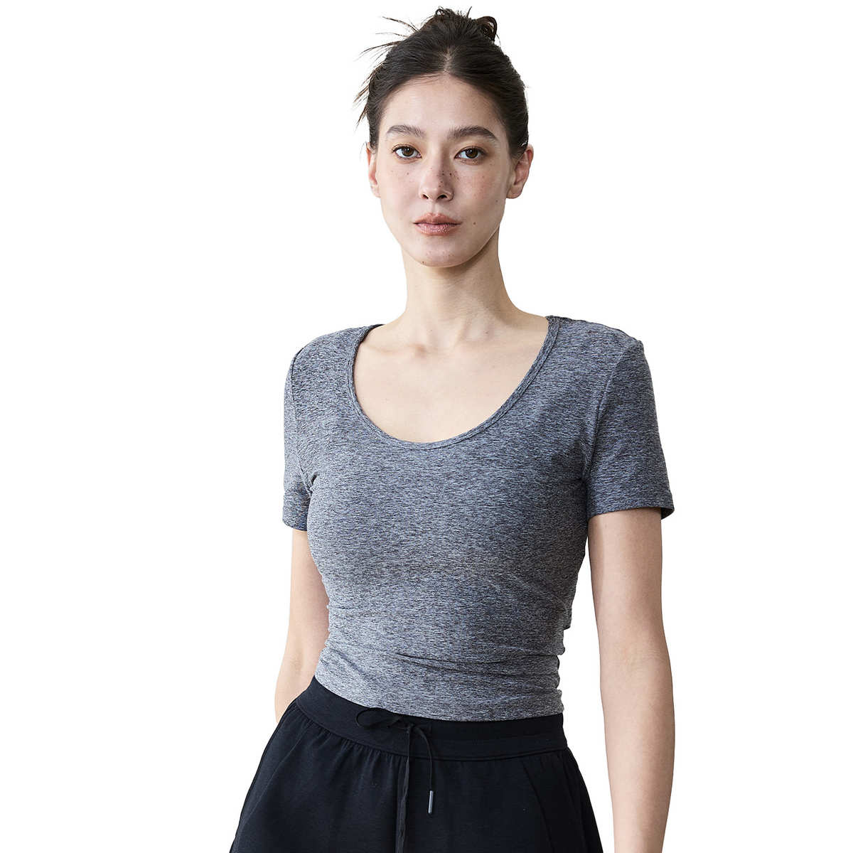 正肩瑜伽短袖女圆领休闲舒适瑜伽服露腰修身显瘦运动上衣健身服夏