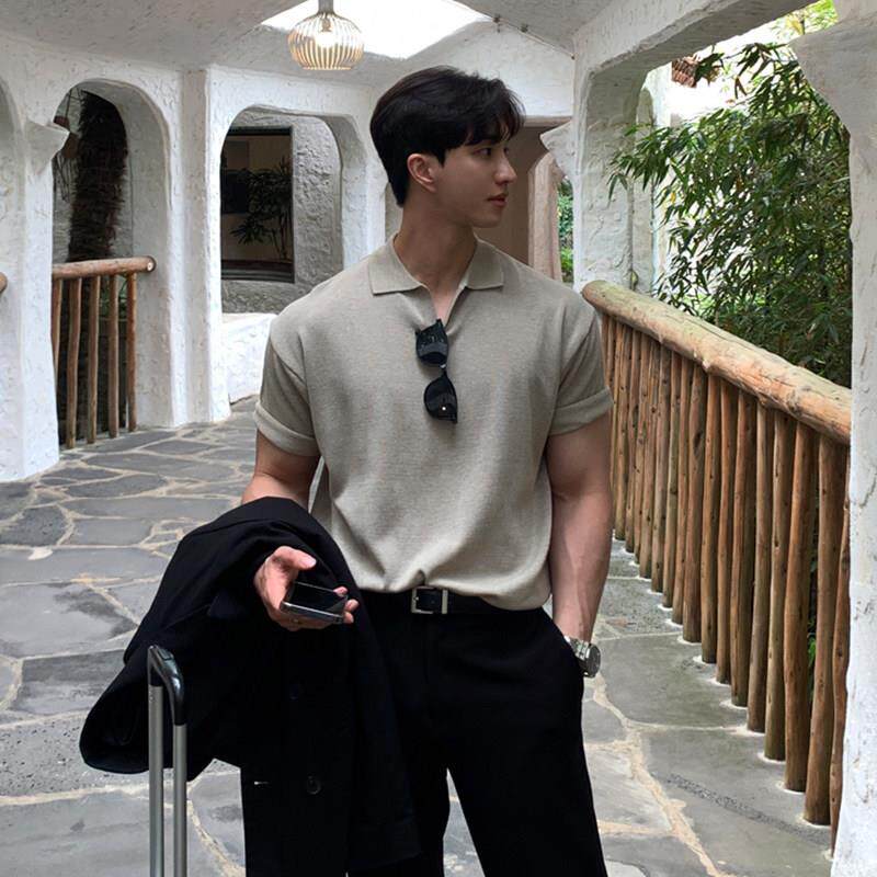男士宽松翻领短袖polo衫夏针织韩版宽松T恤休闲潮流薄款半袖纯色