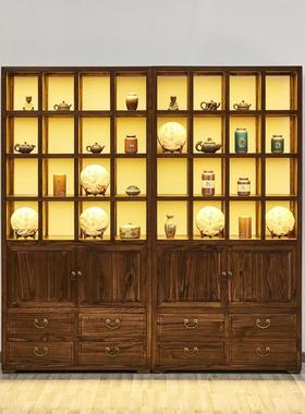 榆格子茶饼柜式组合茶具多宝格ZG-65043新中式胡桃色置物木架柜中