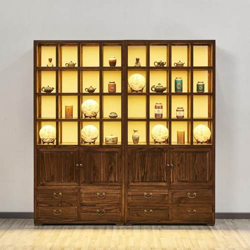 榆格子茶饼柜式组合茶具多宝格ZG-65043新中式胡桃色置物木架柜中