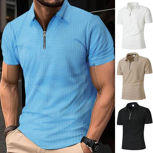 Men's Textured Quarter-Zip Polo Shirt Short Sleeve Collared