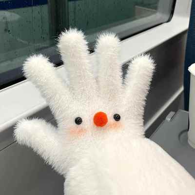 可爱小雪人毛绒冬手套加绒加厚可触屏御寒防风电动车骑行滑雪专用