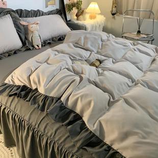 高档三ins韩国床上用品清新纯床色四件风套裙1.8单人双人被套床单