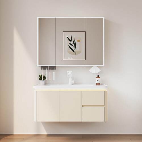 奶油风浴室柜组合蜂窝铝卫生间一体陶瓷洗脸盆洗漱台智能感应灯光