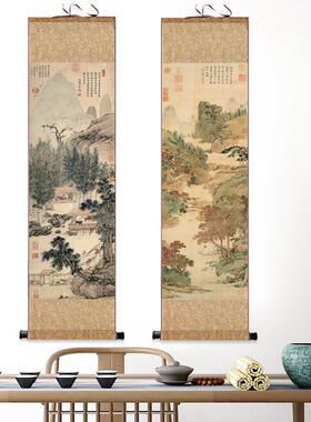 无边卷轴挂画丝绸装饰字画仿古明代字画听琴品茶图唐伯虎文征明字