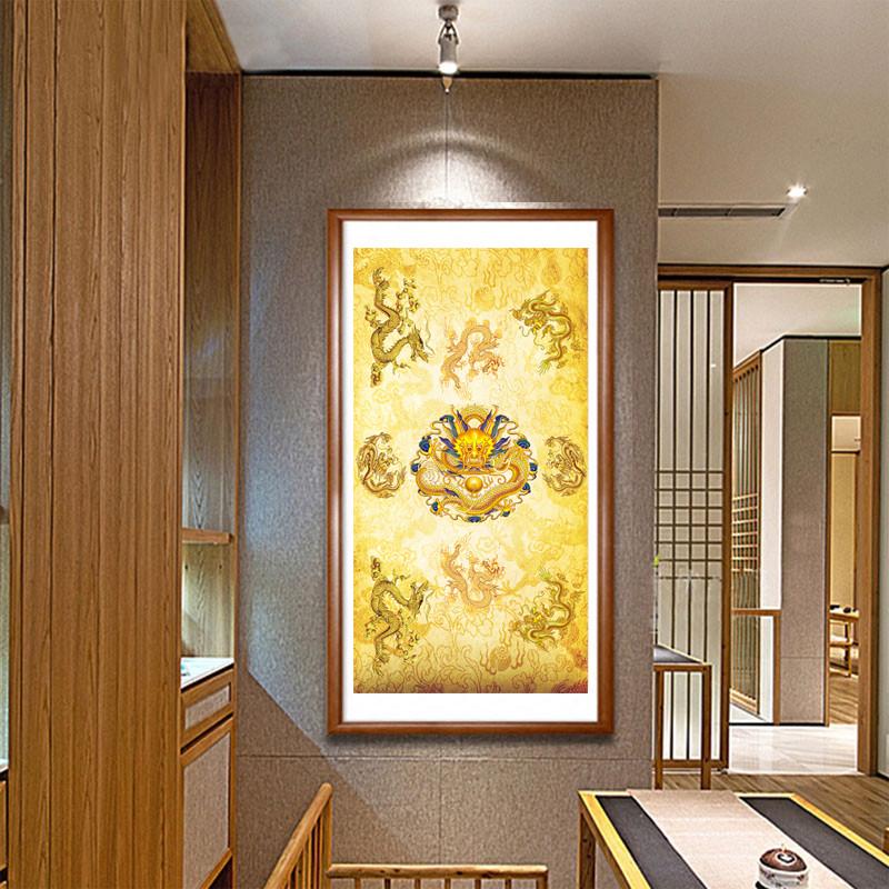 客厅竖版九龙壁画金龙迎福卷轴装饰挂画龙图客厅竖版玄关壁画墙画