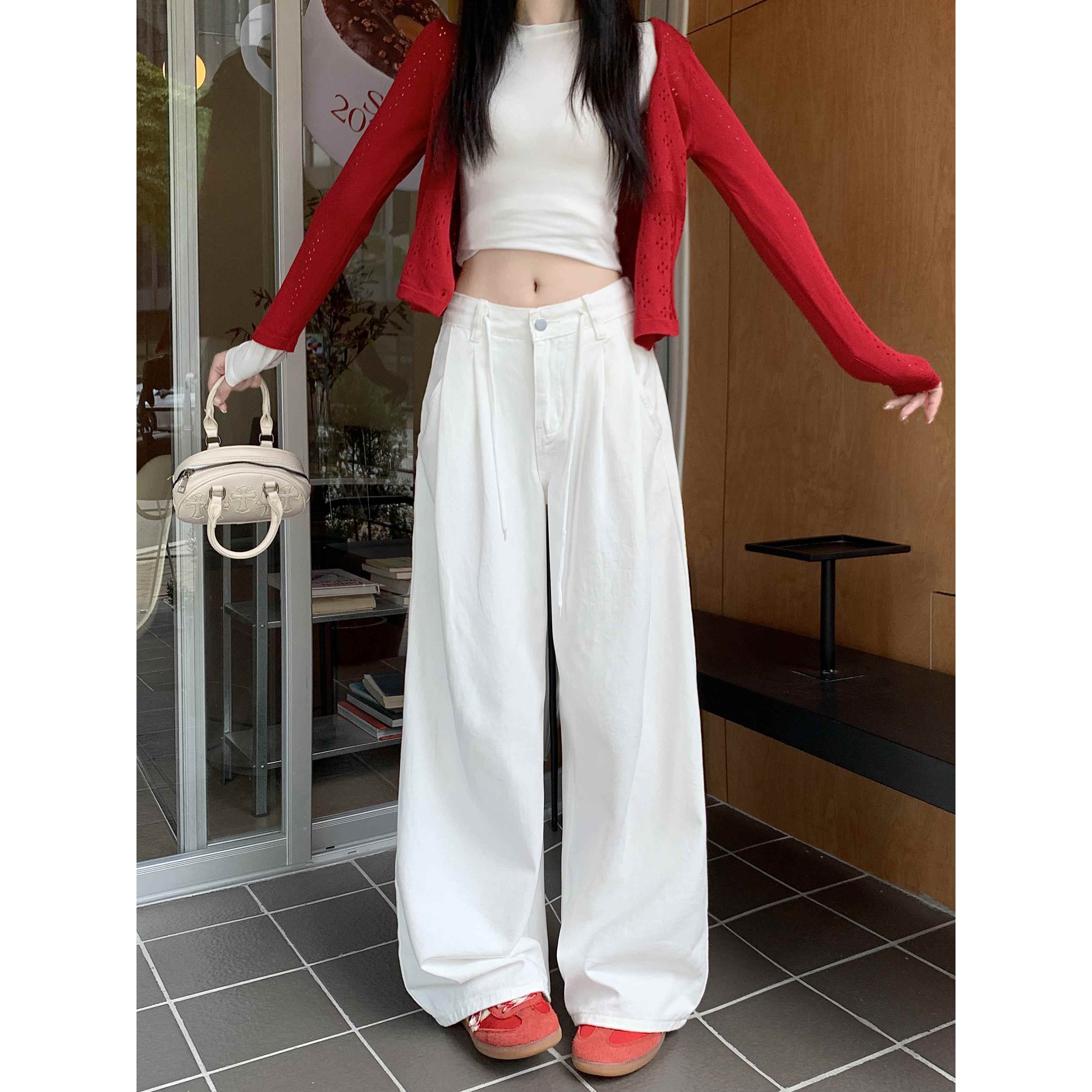 秋季直筒牛仔裤女白色宽松压褶裤子阔腿裤高
