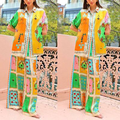 Graffiti printed satin short sleeved shirt, long pants,