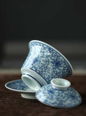 景德镇晴先生白描荷花青花淡描茶碗手绘手工泡茶盖碗三才碗80ml