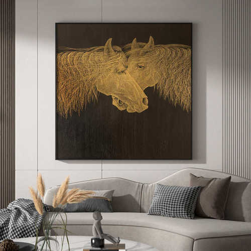 现代画装饰画墙壁马到成功黑金背景客厅挂画轻玄关奢高端方型大气