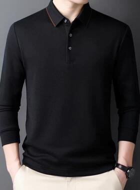 秋季新款男士羊纯色长时袖恤24038-KK中绒休闲尚宽年松翻领衫男