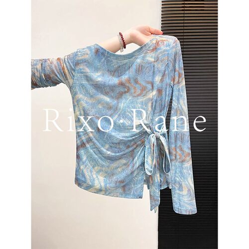法国Rixo Rane 复古飒美法式晕染侧边绑带收腰长袖防晒t恤上衣