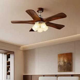 美式复古客厅风扇灯吊灯法式中古奶油风桃木色直叶静音餐厅吊扇灯