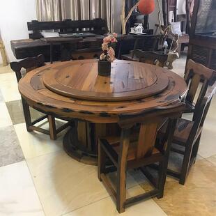 H1F72X老船木餐桌椅组合家用1米6圆形吃饭桌酒店待客电动带转盘大