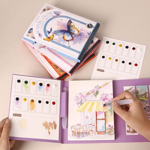 DIY解压便携成人自带颜料填色水粉画画本三折页水彩涂色便签画纸