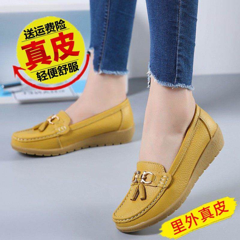 高档真皮软春秋中老年皮底牛筋豆鞋女软底女鞋女士豆小皮鞋透气妈