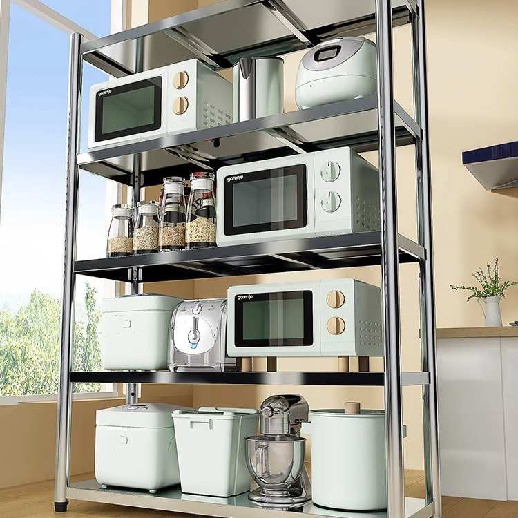 不锈钢厨房置物架落地多层五层家用货架微波炉储物架子杂物收纳架