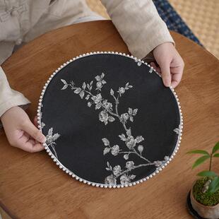 织锦白梅布艺茶席茶杯垫双面带珍珠轻奢茶桌布垫茶台垫子干泡茶席