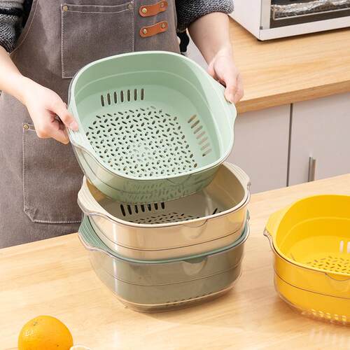沥水篮家用洗菜盆双层PET果蔬篮厨房大容量洗水果滤水篮客厅果篮