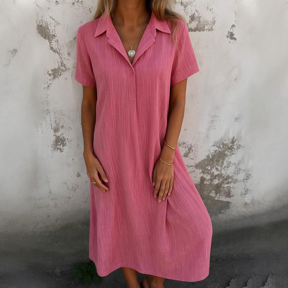 Short sleeved V-neck cotton and linen shirt dress图片