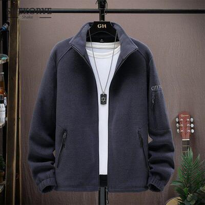 立领摇粒绒开衫夹克男秋冬季加厚颗粒绒休闲外套潮流男士冬装上衣