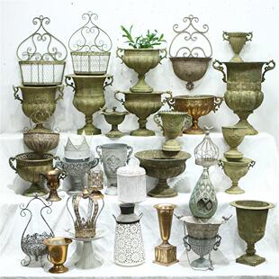 欧式法式覆古做旧铁艺奖杯花盆花园装饰高脚花器摆件园艺桌面杂货