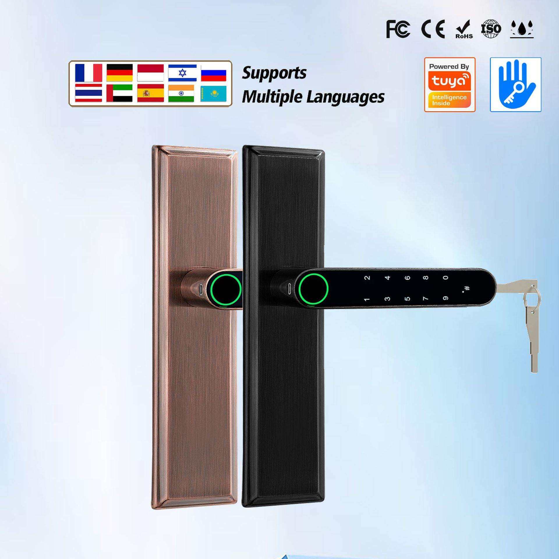 智能涂鸦执手锁双面功能电子门锁一握开双排密码刷卡指纹锁多功能