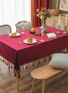 9XC红色布天鹅绒桌Q镶坠子欧式酒美式法式复古丝绒餐桌布41艺台布