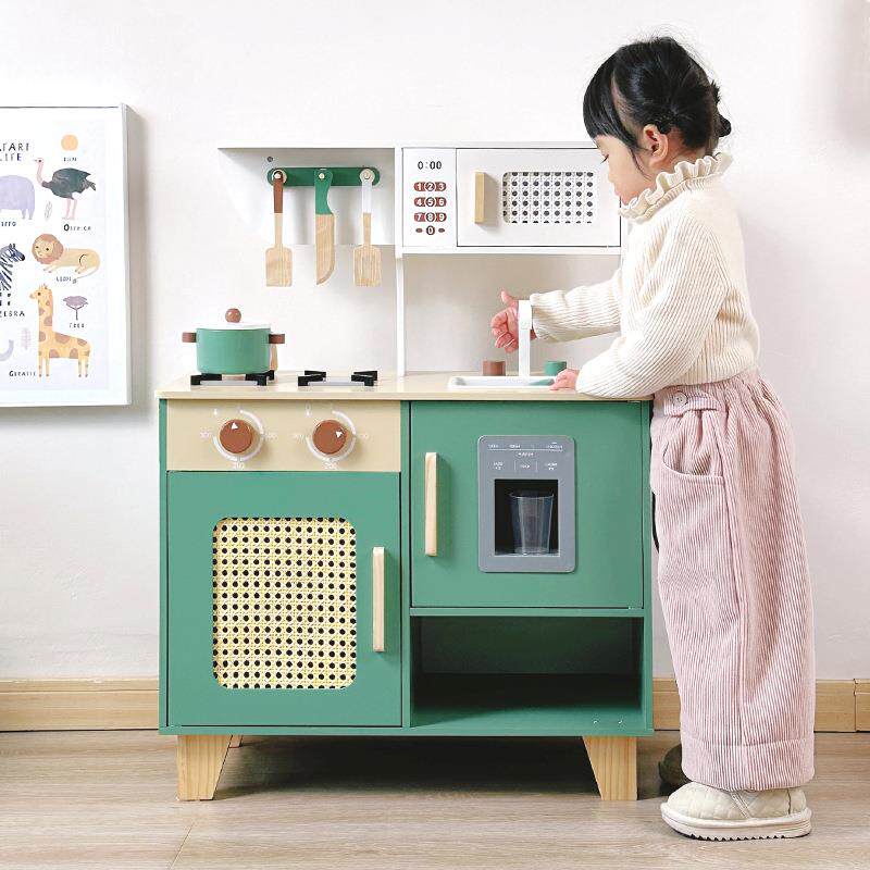 木制仿真儿童复古绿色厨房过家家煮饭灶台锅具厨具套装过家家玩具