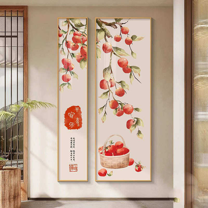 新中式事事如意入户玄关装饰画走廊过道挂画九鱼图柿子画客厅壁画