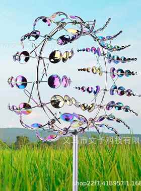 跨境新款金属铁艺旋转风车户外花园创意工艺品3D风车装饰铁艺插件