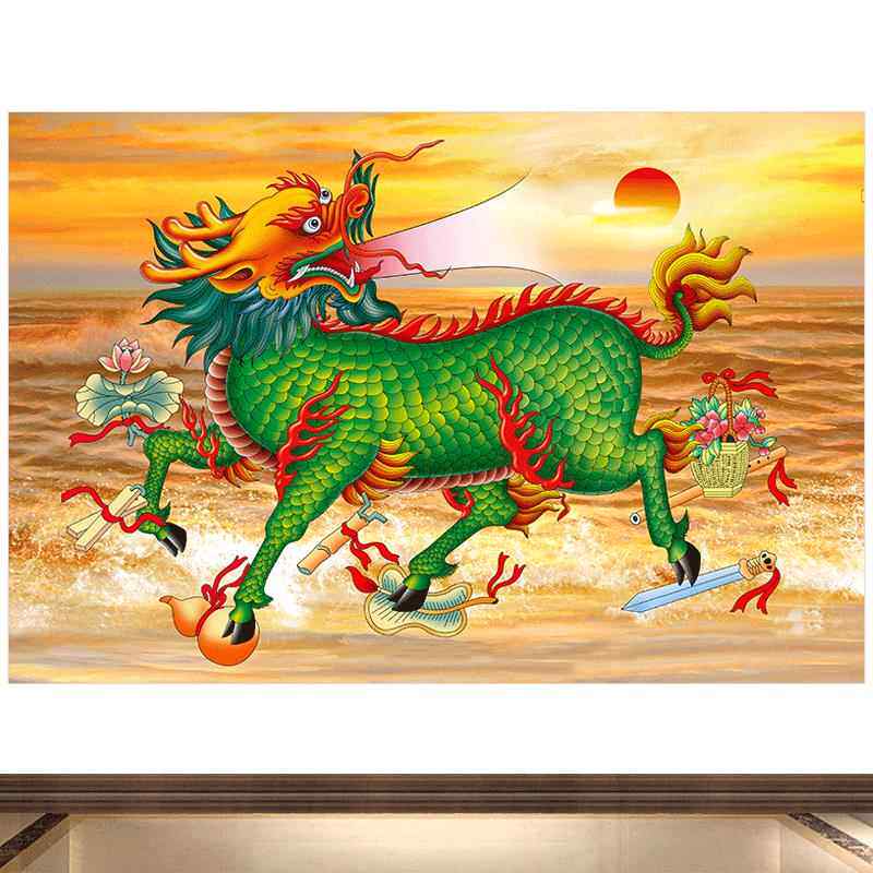 客厅中堂装饰画火麒麟风水画可定制财源滚滚挂画太阳图案中堂画