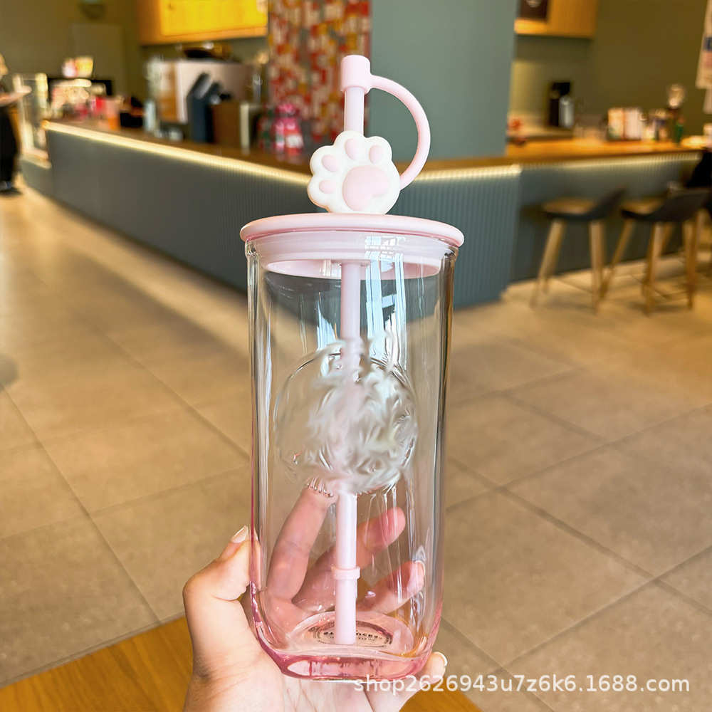 星星款杯子新款粉色渐变猫爪三角杯玻璃双层隔热吸管杯少女高颜值