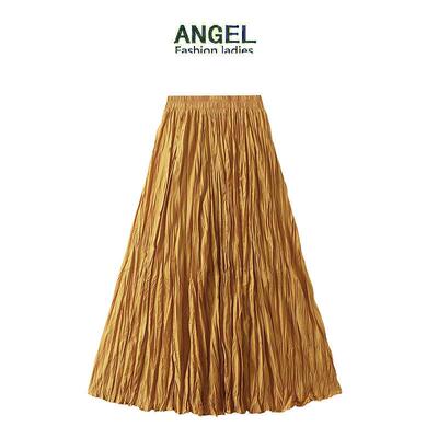 2027轻奢流光压褶半身裙女春秋新款欧洲站大摆显瘦褶皱A字裙定制