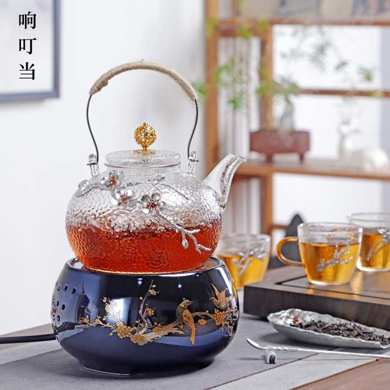 玻璃煮茶壶镶锡梅花茶壶白茶煮茶器网红家用提梁壶电陶炉耐高温