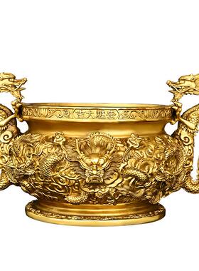 黄铜九龙香炉摆件大号圆底炉双龙家用室内供奉香薰炉工艺品龙戏珠