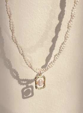 双层高亮珍珠麻花简约设计感项链气质网红镂空方块淡水珍珠锁骨链