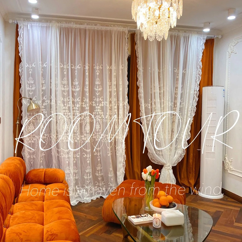 欧式法式浪漫如意花白纱配丝绒窗帘布餐厅网红客厅I卧室窗帘布