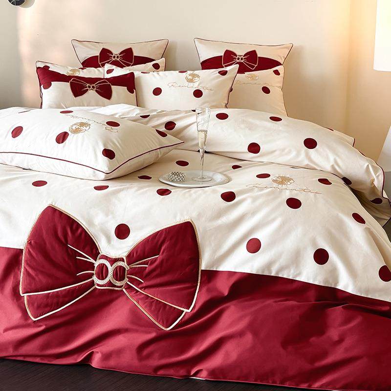 蝴蝶结刺绣100S婚庆高支长绒棉四件套 纯棉结婚被套床笠床品红色