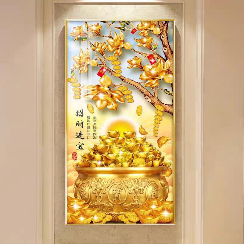 新中式发财树入户进门玄关装饰画客厅招财走廊过道聚宝盆墙壁挂画