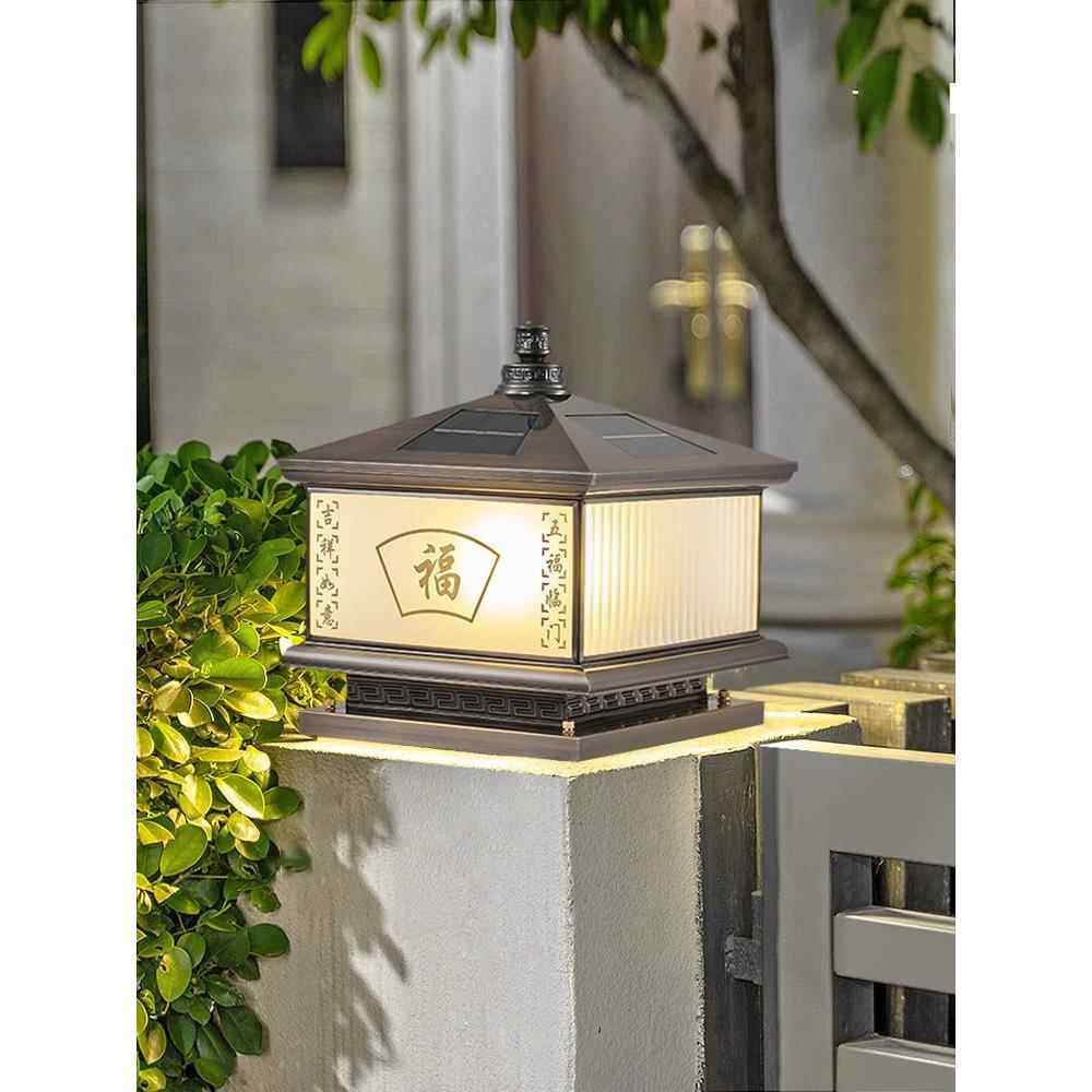 新型中式全铜柱灯太阳能户外庭院别墅大门灯门柱灯柱灯栅栏两用