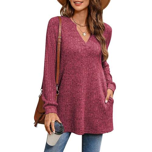 Women's long sleeved knitted sweater with side slit top