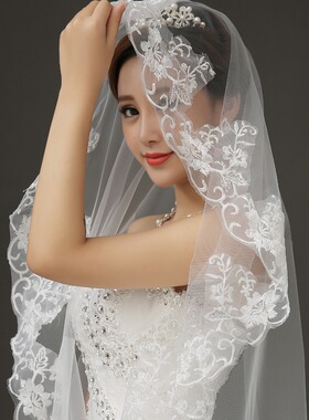 复古蕾丝花边长款拖尾头纱油画婚纱照摄影拍照跟妆造型高级感头饰