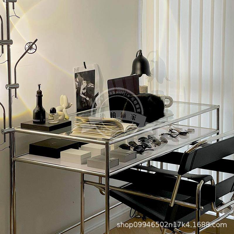 网红办公桌化妆台直播用桌写字台中古书桌不锈钢桌电脑桌饰品摆放