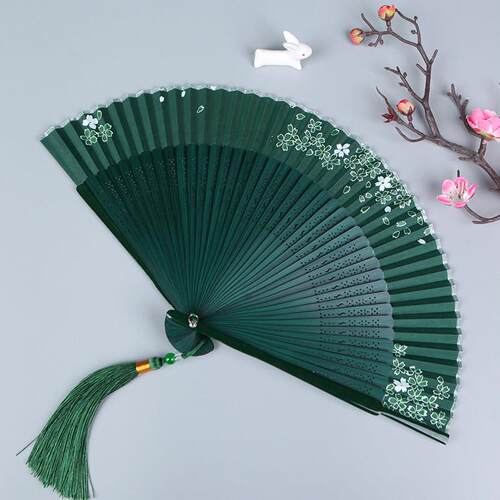 扇子夏天可携式古风绿色折扇女式随身古典中国风汉服旗袍折叠小扇