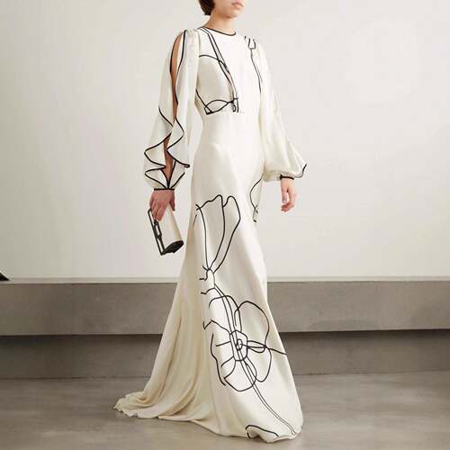 2026 Autumn New Women's Ruffled Sleeves Maxi Dress Line Art