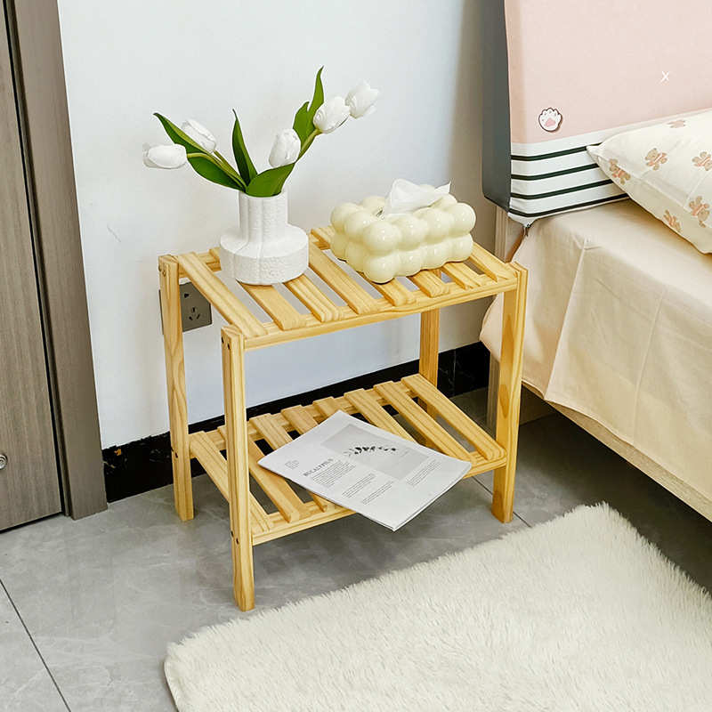 【2层】简易实木置物架条形隔板卧室小桌子木架门口鞋架整理架子