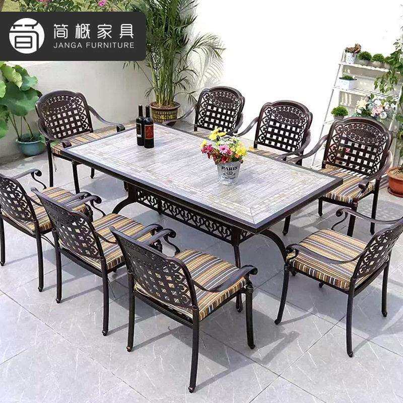 户外别墅阳台铸铝长桌休闲庭院花园瓷砖拼花桌防水防晒全铝圆桌椅