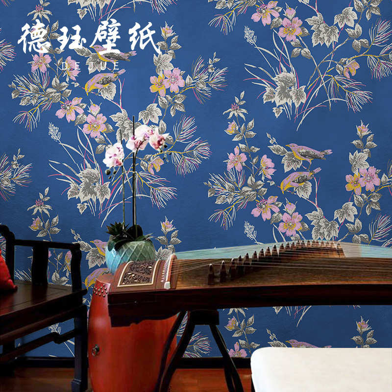 电视背景客厅中式卧室碎花无纺布墙纸北欧田园花鸟复古新美式壁纸